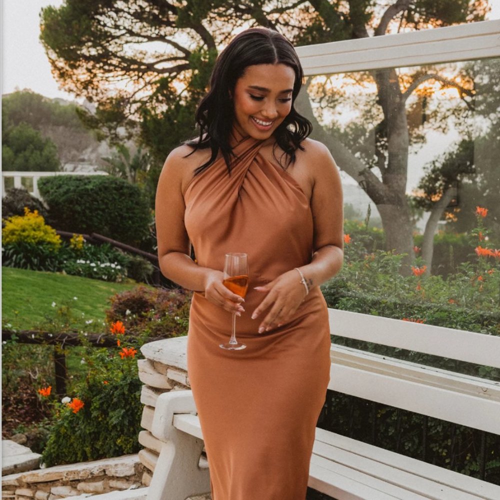 Jasmine Halter Midi Dress in Copper Luxe Satin
